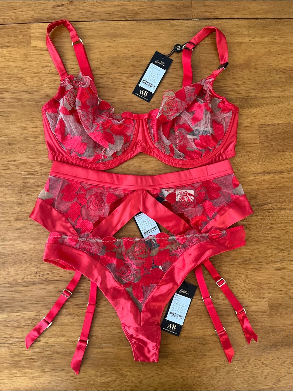 NWT Dita Von Teese Rosabelle Red lingerie set (bra, garter, thong)